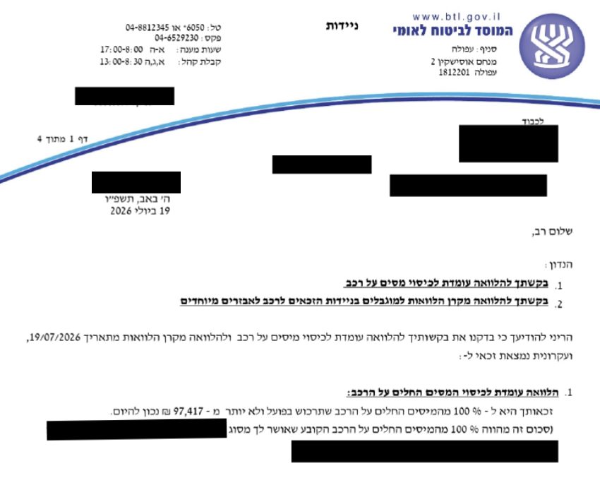 אישור הלוואה עומדת לרכישת רכב — 97,417 ₪